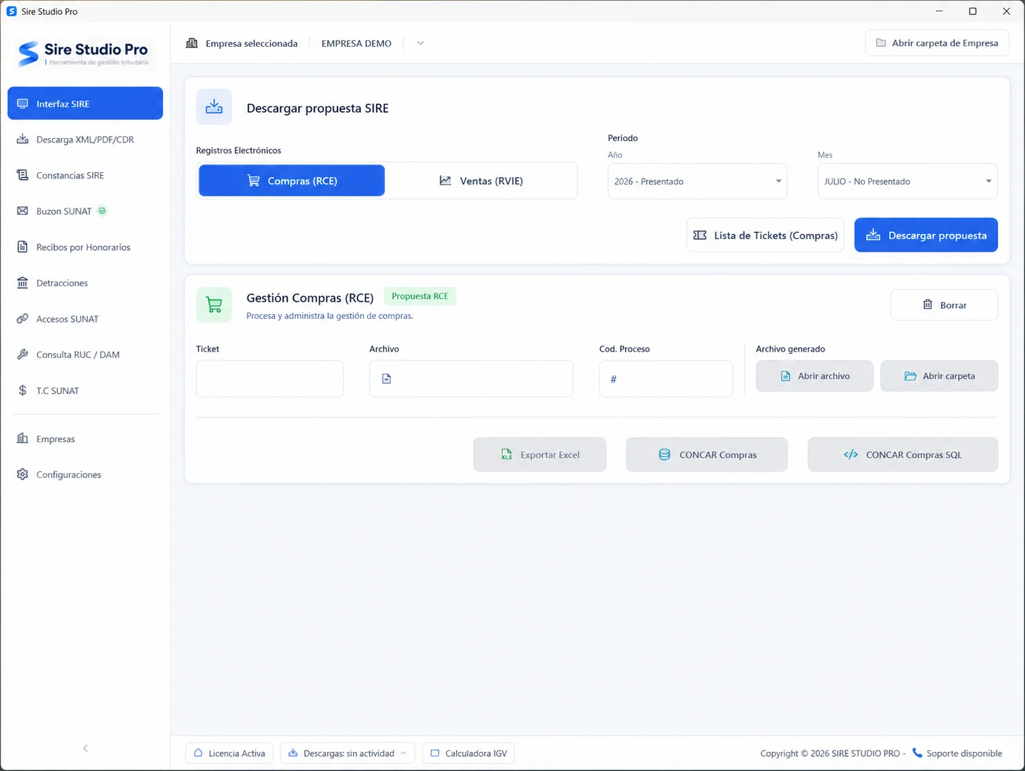 Interfaz de Sire Studio Pro mostrando la gestión de compras SIRE